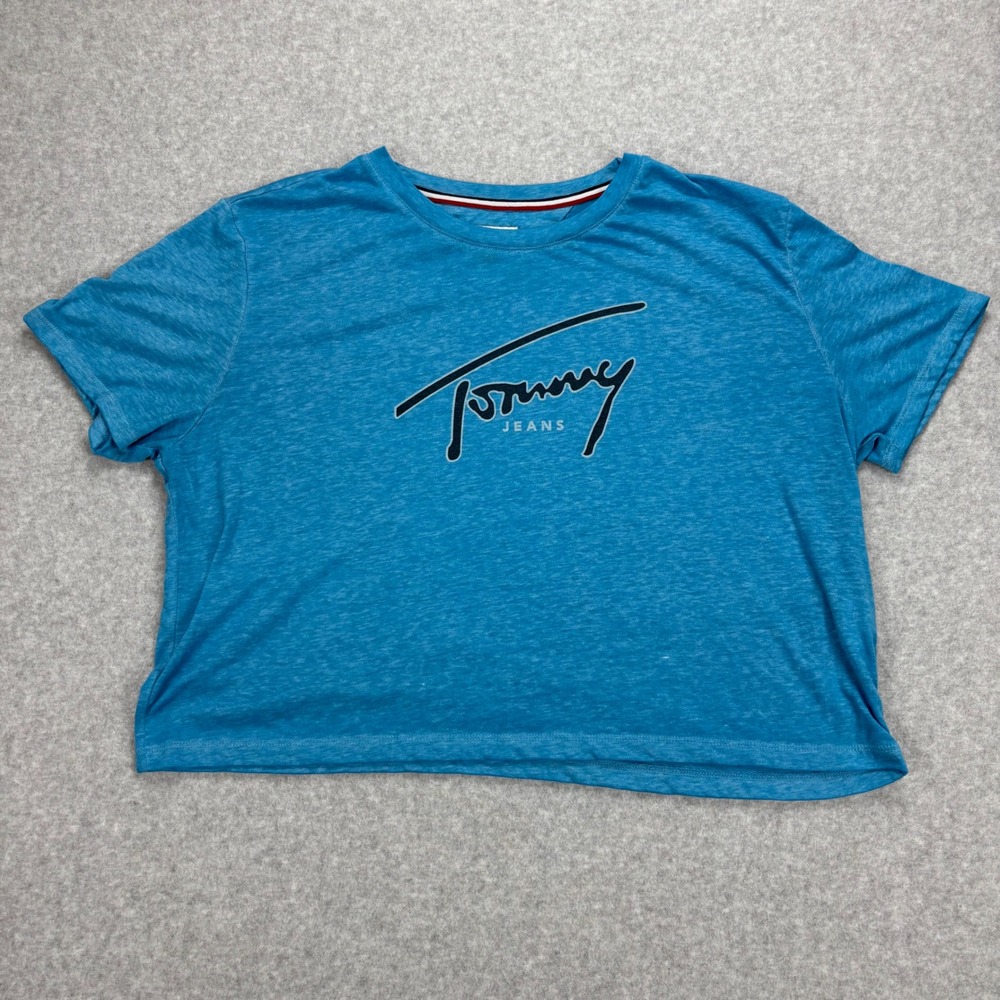 Tommy Jeans Crop T-Shirt Womens L Blue Script Logo Tee Y2K Streetwear Summer